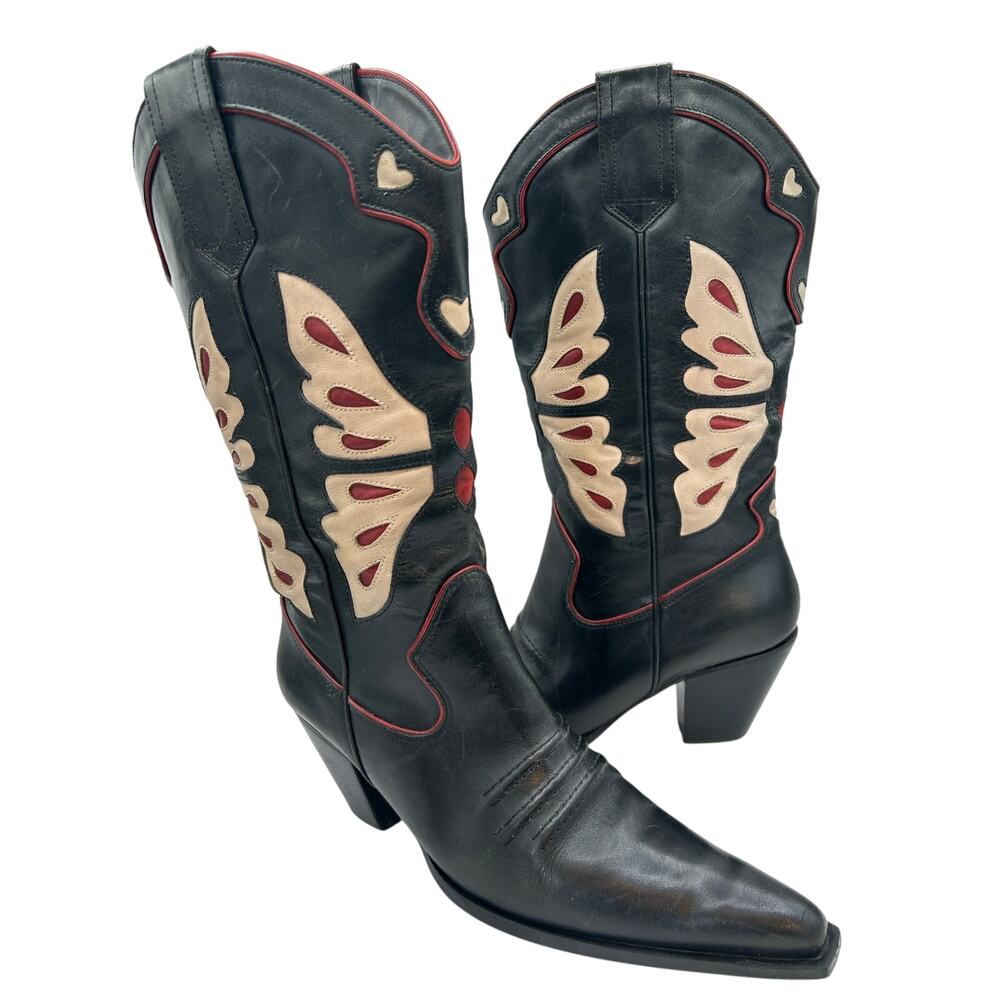 RARE VTG Western Butterfly Heart Boots Black Red & Cream Leather Women’s SZ 10